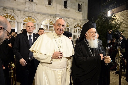 Pope_Francis_and_Ecumenical_Patriarch_Bartholomew_exit_the_Patriarchal_Cathedral_of_St_George_following_the_Doxology_Nov__Photo_courtesy_of_John_Mindala_CNA