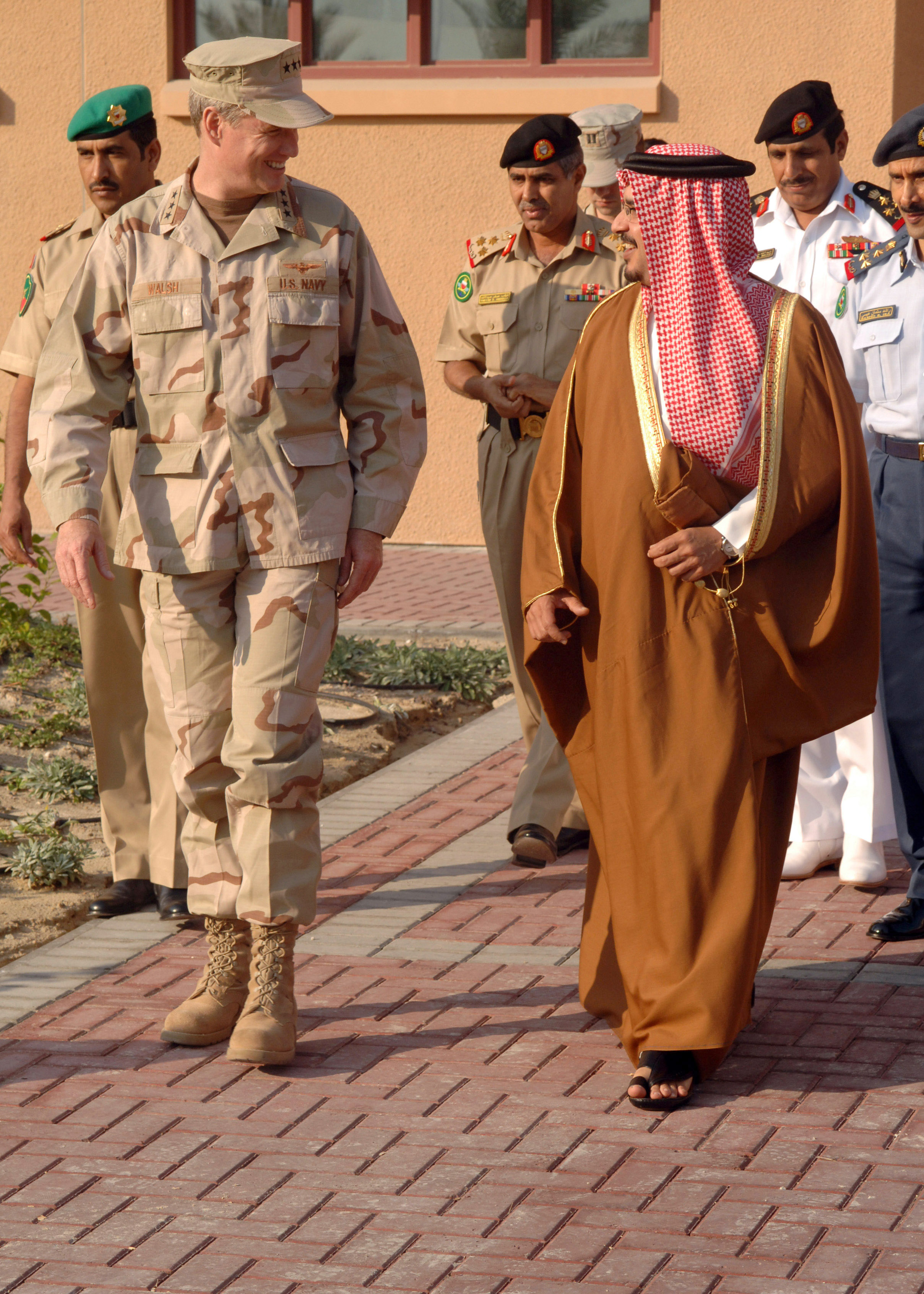 061128-N-0448N-002 Manama, Bahrain (Nov. 28, 2006) Ð U.S. Naval Forces Central Command and U.S. 5th Fleet Commander, Vice Adm. Patrick Walsh, tours Naval Support Activity Bahrain with BahrainÕs Crown Prince, His Highness Shaikh Salman bin Hamad bin Isa Al-Khalifa. Walsh hosted a visit with the Prince, during which they discussed the NavyÕs role in the Middle East as well as bilateral relations between the U.S. military and the country of Bahrain. U.S. Navy photo by Mass Communication Specialist 2nd Class Bobby Northnagle (RELEASED)