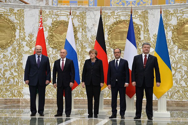 Leaders of Belarus, Russia, Germany, France, and Ukraine at the 11–12 February summit in Minsk